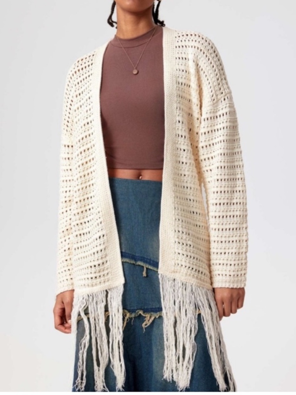 ZARA Cream Crochet Open-Weave Knit Cardigan Sweater Size Large